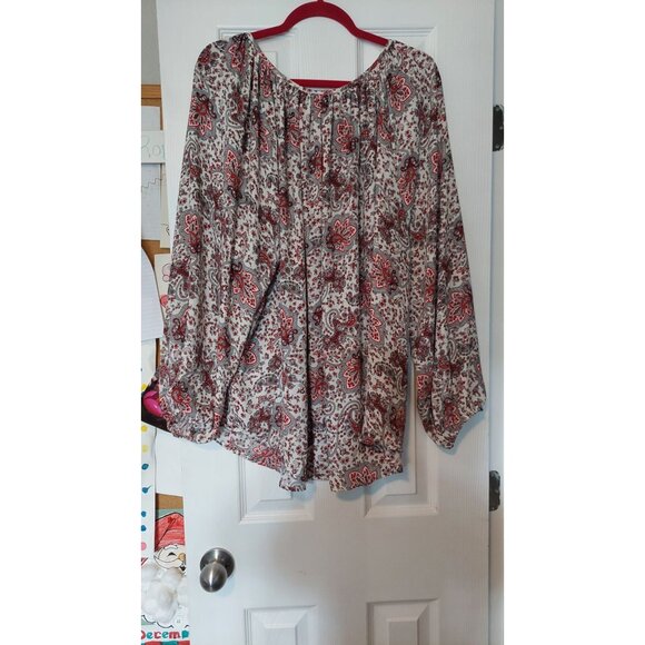 Chaps Womens 2X Paisley Boho Blouse With Long Sleeves & Scoop Neck White/Red - Picture 5 of 9